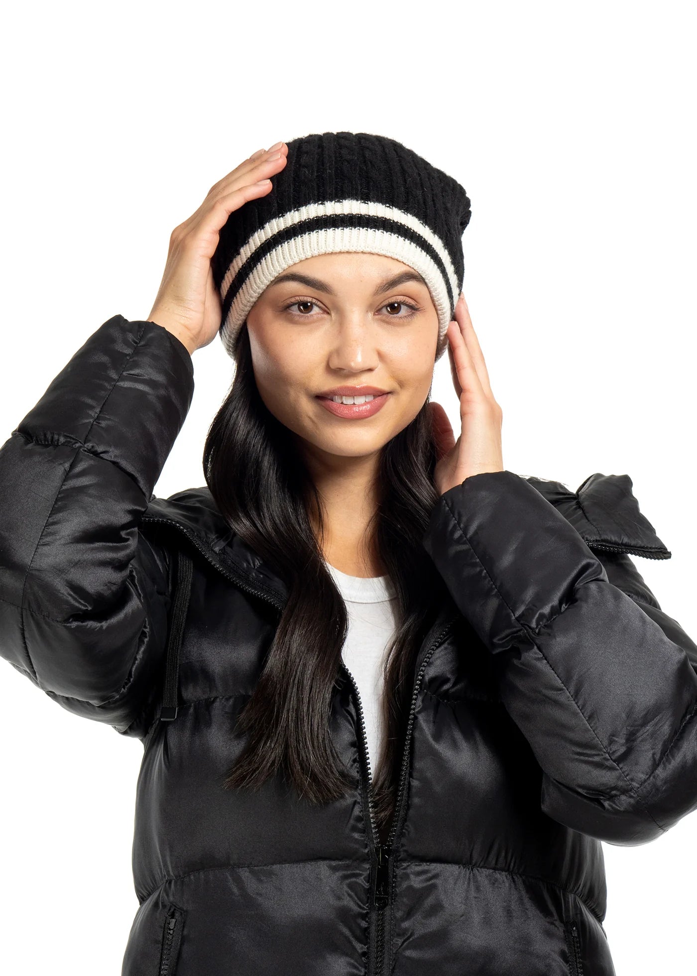 Cabin cable slouchy cable knit beanie - black / black + white stripe