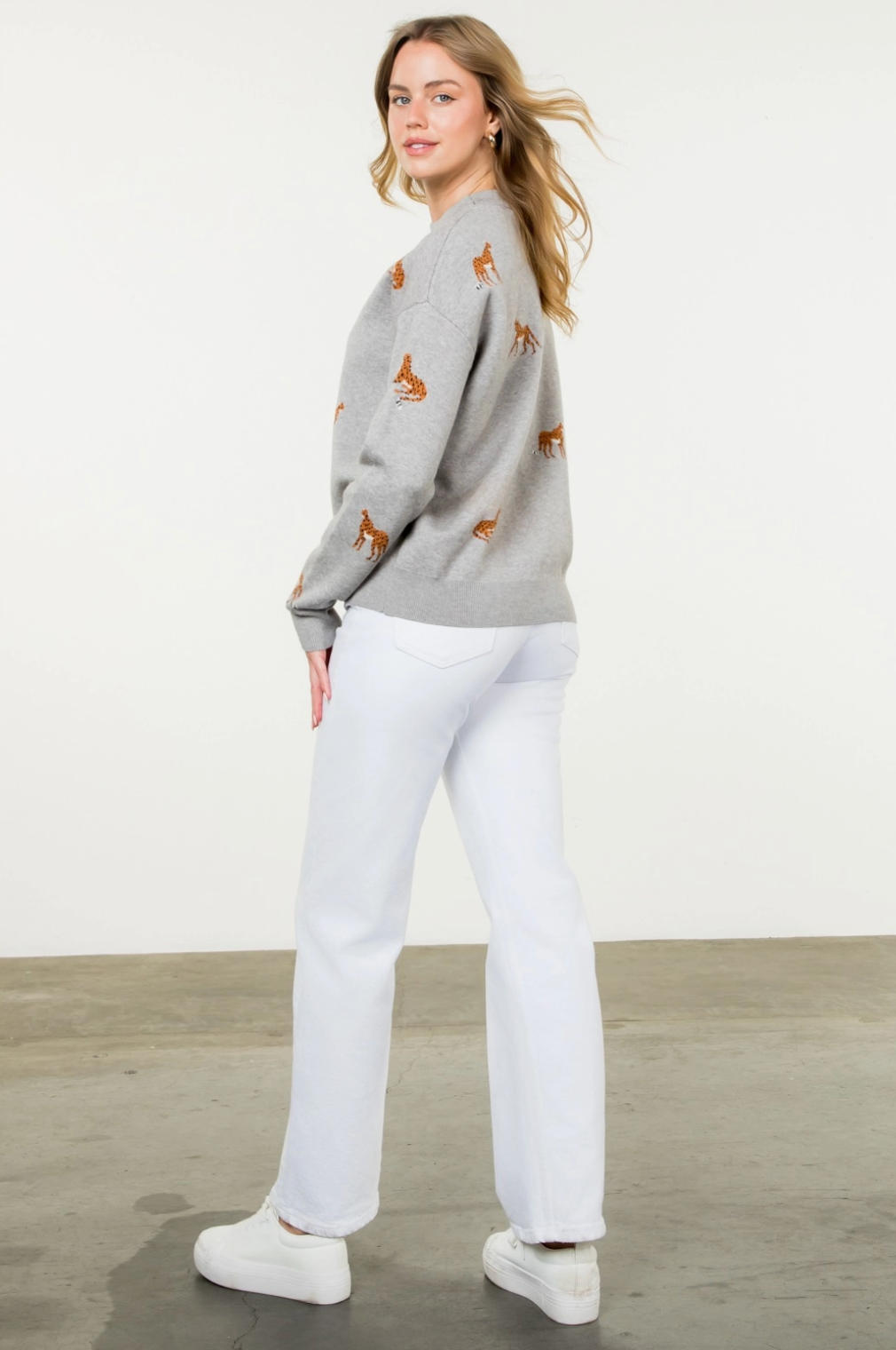 Embroidered Cheetah Crew Neck Sweater - heather grey