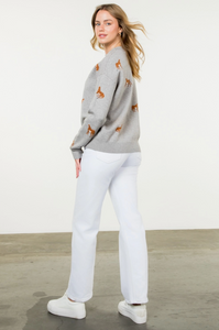 Embroidered Cheetah Crew Neck Sweater - heather grey