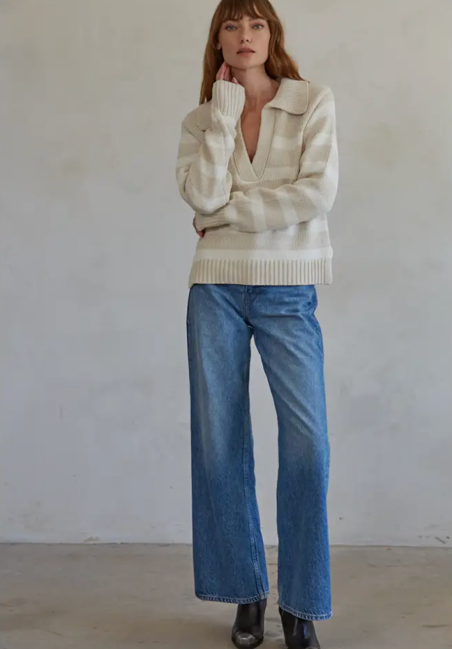 Striped knit v-neck collared sweater (W1306) - sand cream