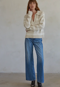 Striped knit v-neck collared sweater (W1306) - sand cream