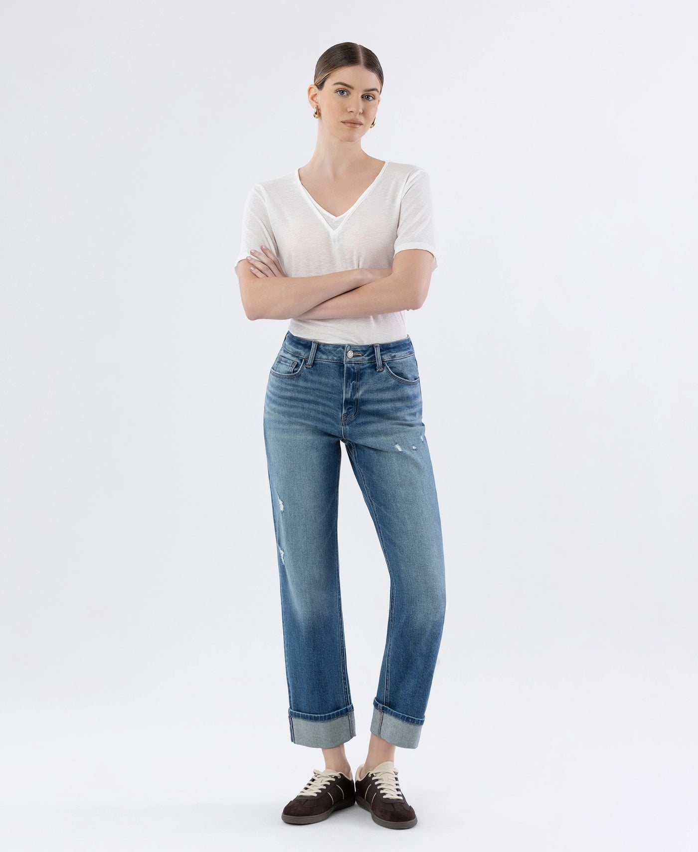 T6869 - Mid Rise Cuffed Straight Leg Jeans - sleek