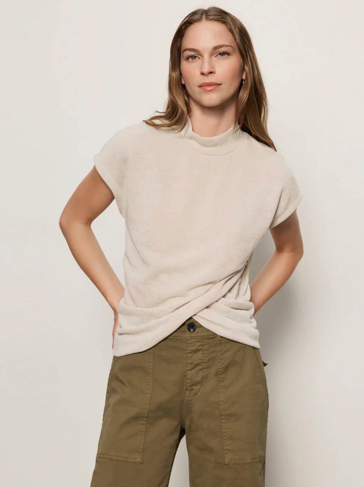 Draped sleeveless mock neck - mother of pearl