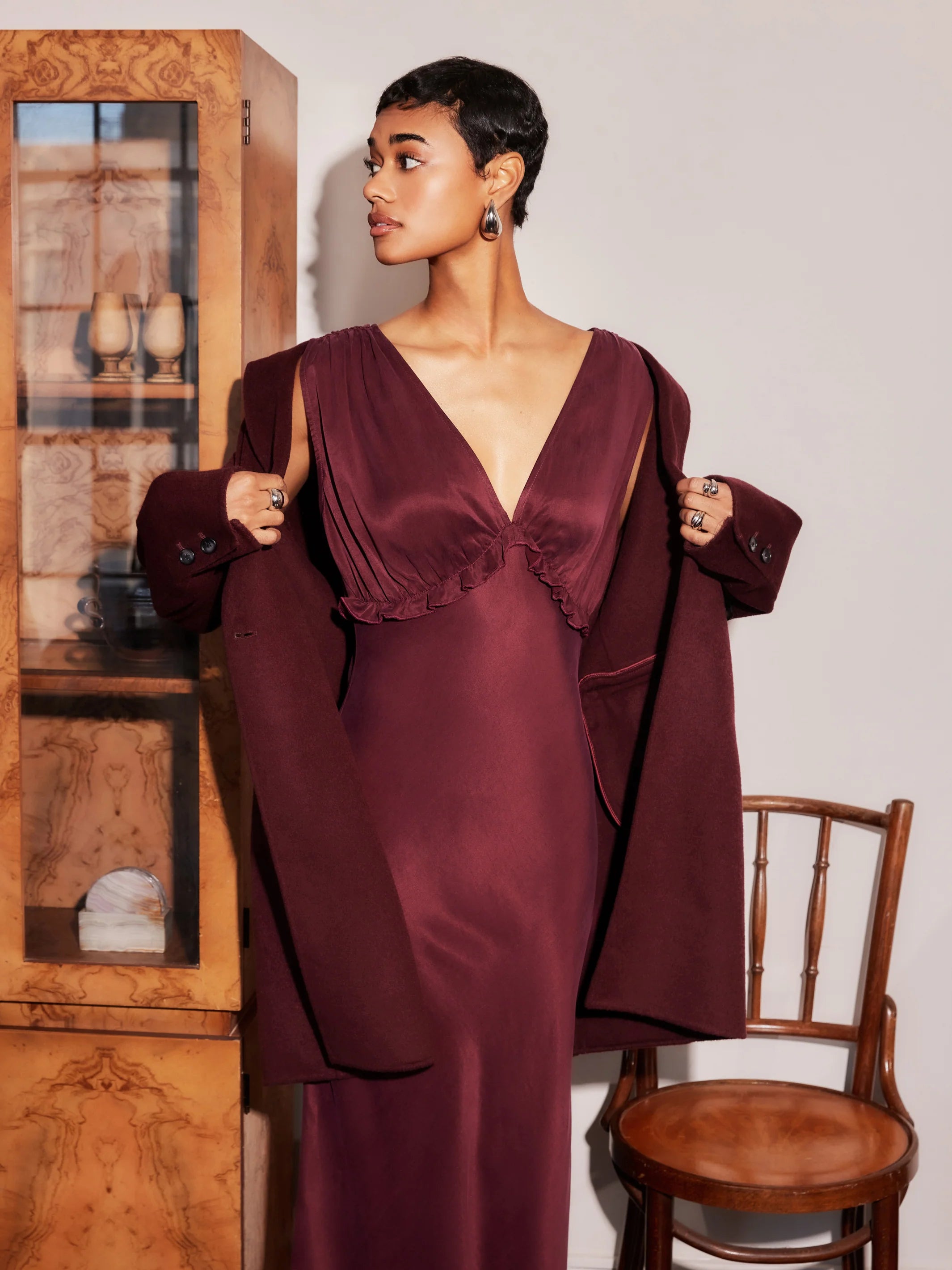 Cierra Ruffle Midi Dress - wine
