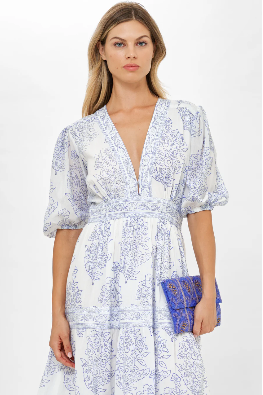V-neck puff maxi - amadora blue