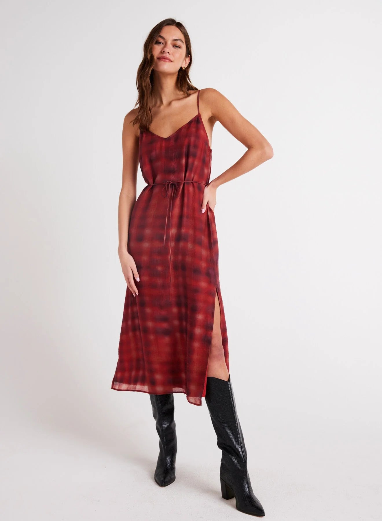 V-neck cami shift dress - blurred plaid print