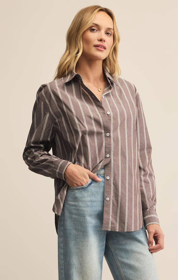 Seaport Striped Poplin Button Up - sandalwood
