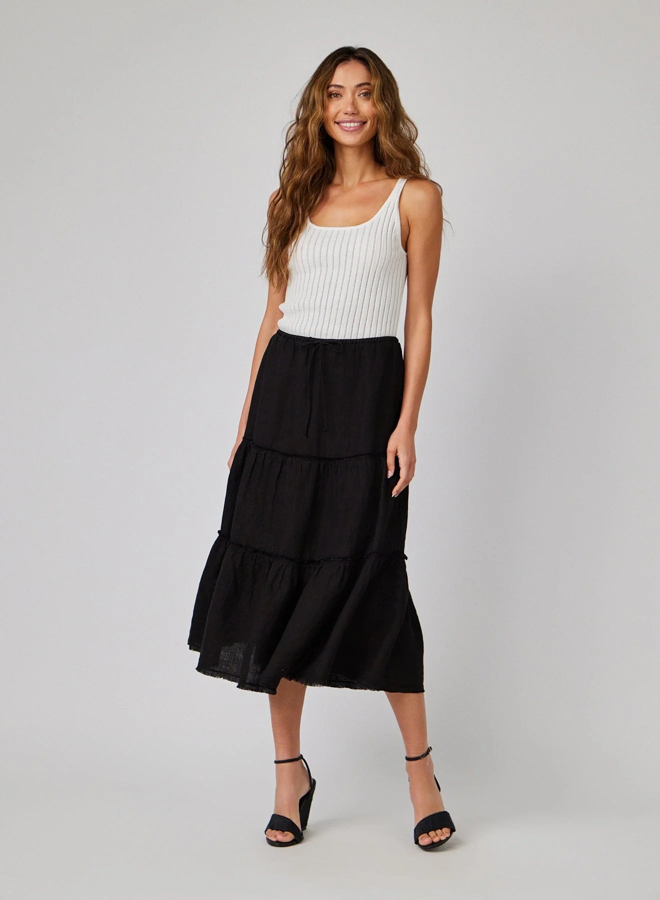 Linen frayed tiered skirt - black