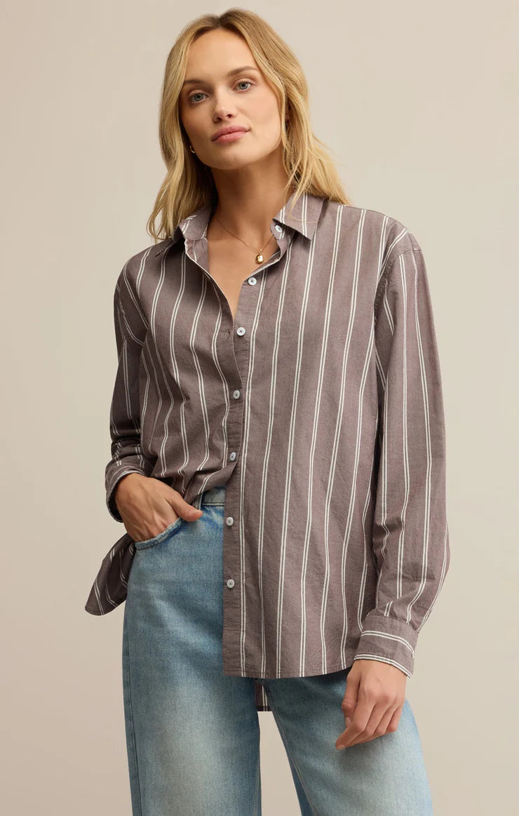 Seaport Striped Poplin Button Up - sandalwood