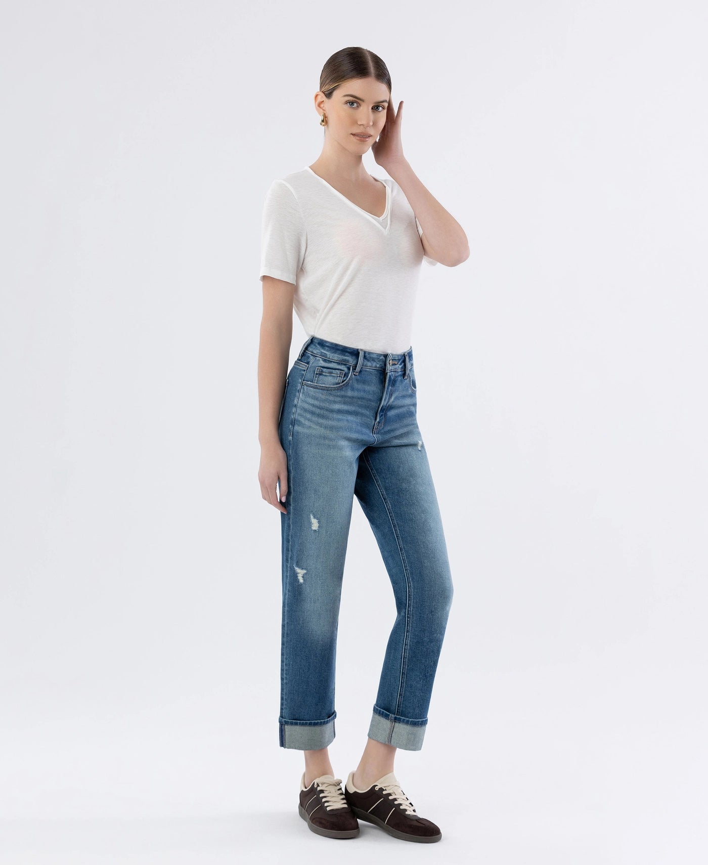 T6869 - Mid Rise Cuffed Straight Leg Jeans - sleek