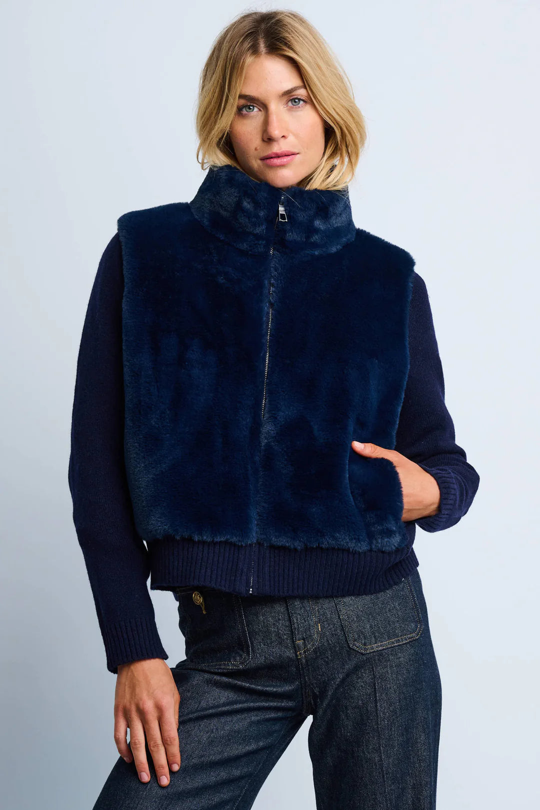 The Teddy faux fur knit jacket - navy