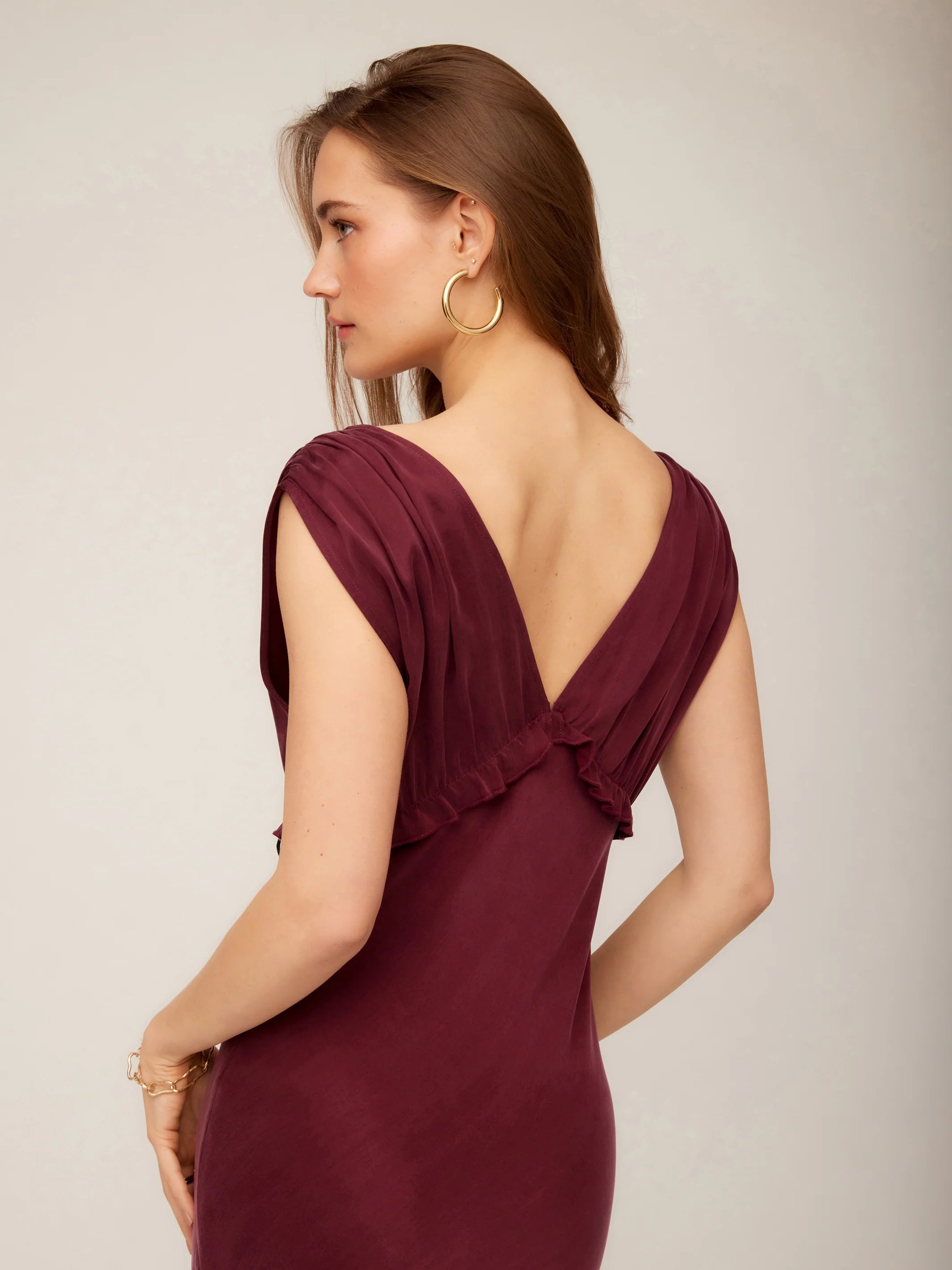 Cierra Ruffle Midi Dress - wine