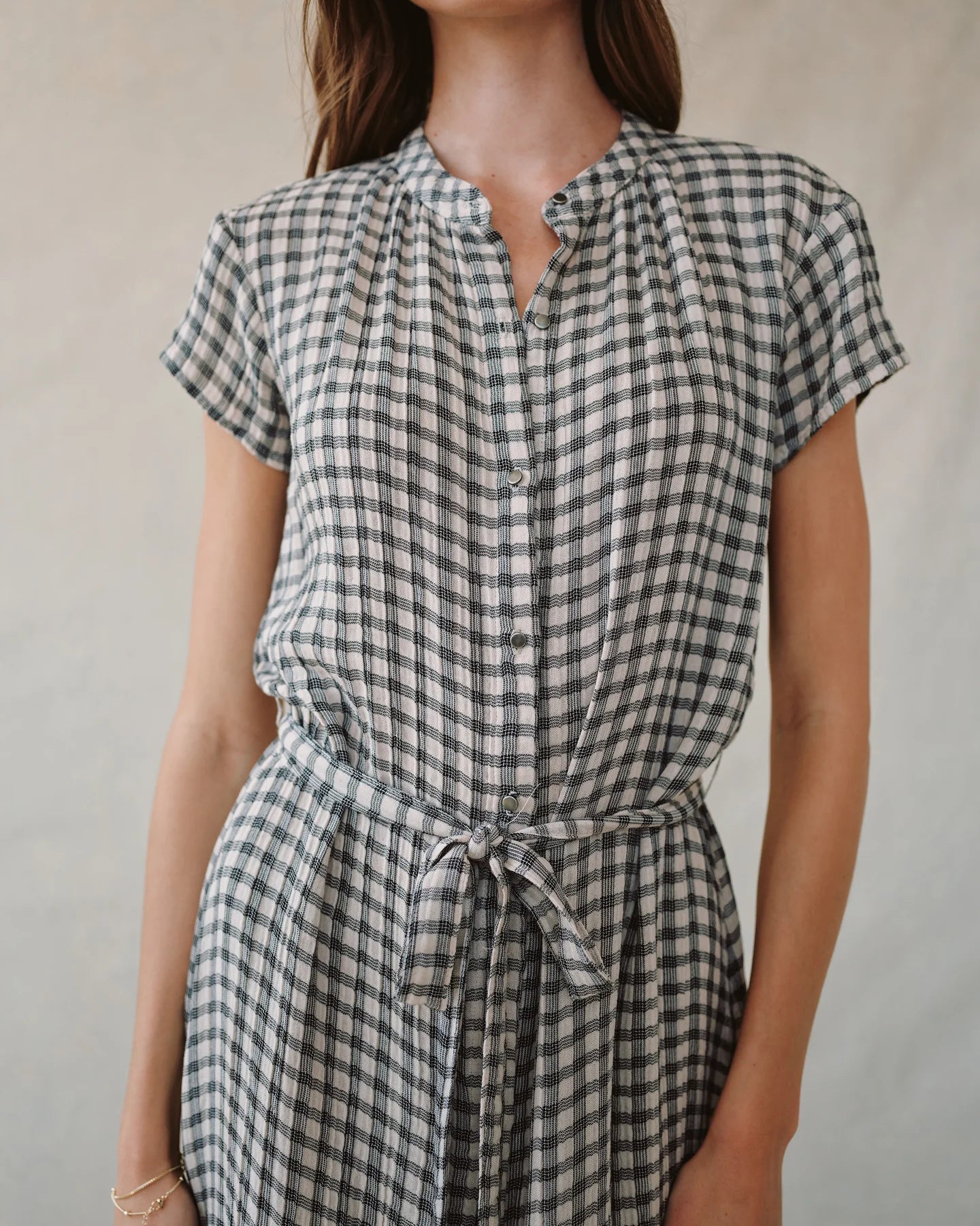 Cap sleeve shirt dress - ivory check plaid