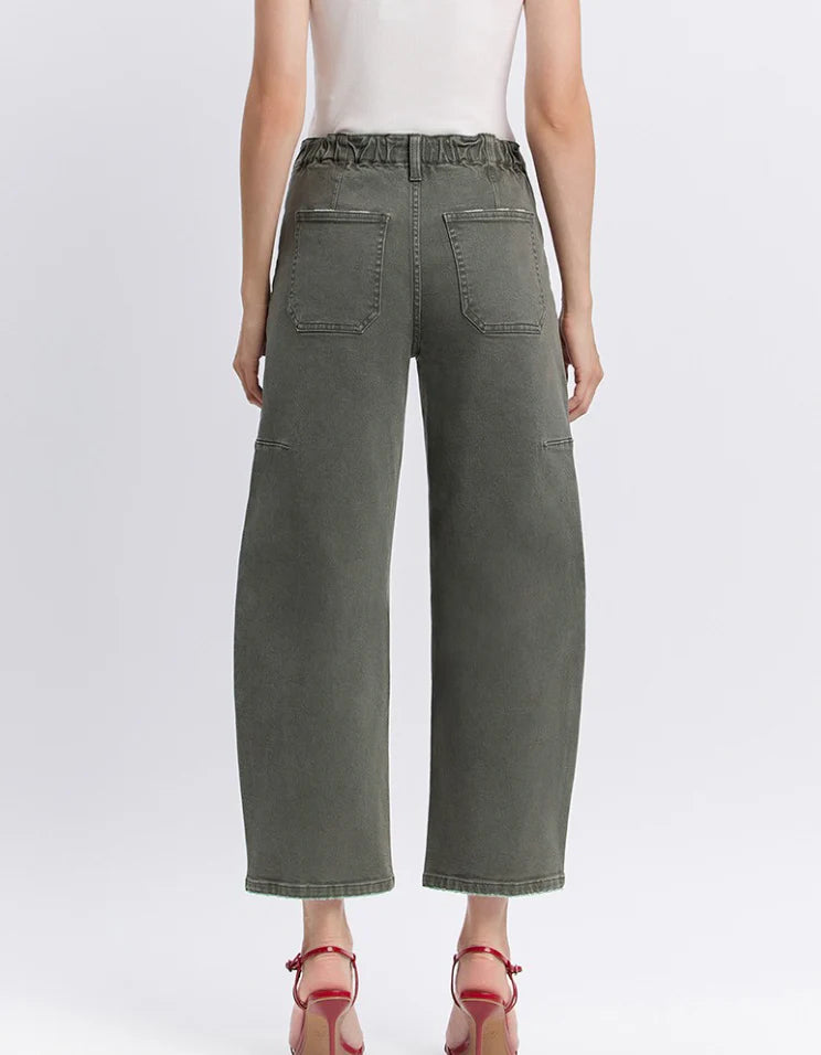 Super High Rise Elastic Waistband Barrel Jeans (F5831DPF) - deep forest