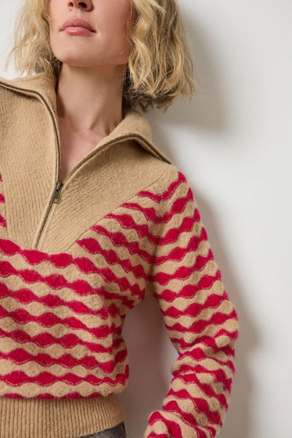 Mixed stitch half zip (PA3074) - birch / fuchsia stripe