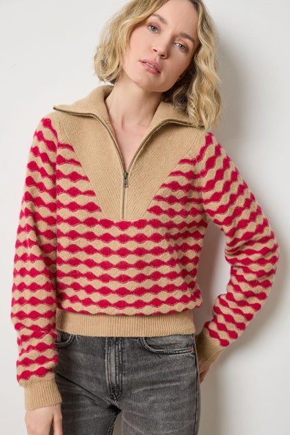 Mixed stitch half zip (PA3074) - birch / fuchsia stripe