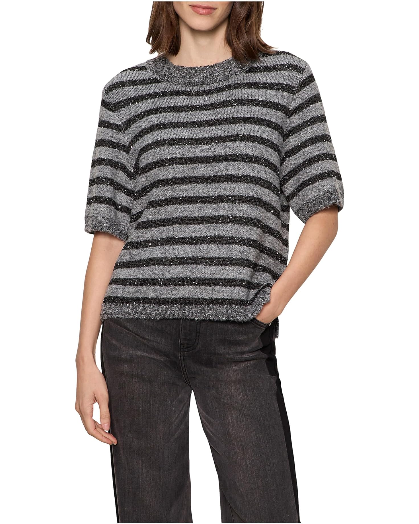 Short-sleeved shine sweater tee - grey with black