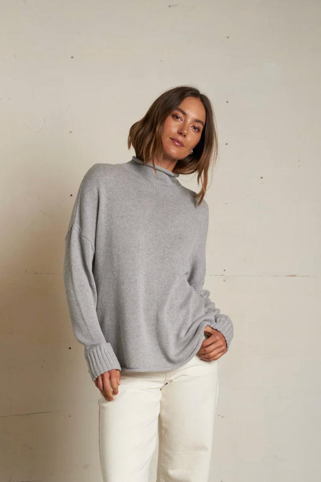 Nova cotton cashmere mock neck sweater - heather grey
