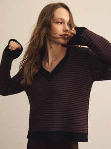 Linda striped v-neck pullover sweater - java / black