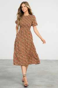 Smocked Floral Print Midi Dress - black