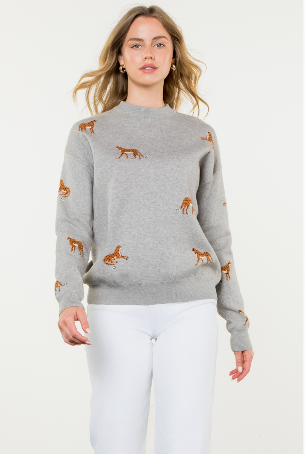 Embroidered Cheetah Crew Neck Sweater - heather grey