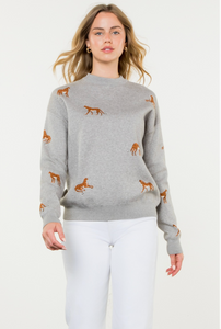 Embroidered Cheetah Crew Neck Sweater - heather grey