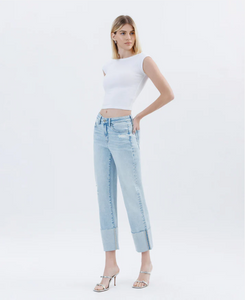 Mid Rise Cuffed Crop Straight Jeans (T6747LT) - wowed