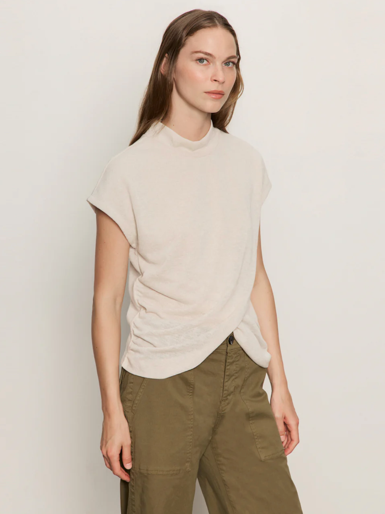 Draped sleeveless mock neck - mother of pearl