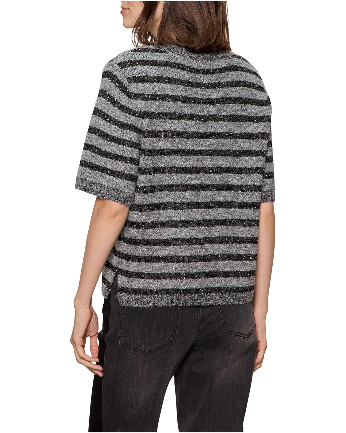 Short-sleeved shine sweater tee - grey with black