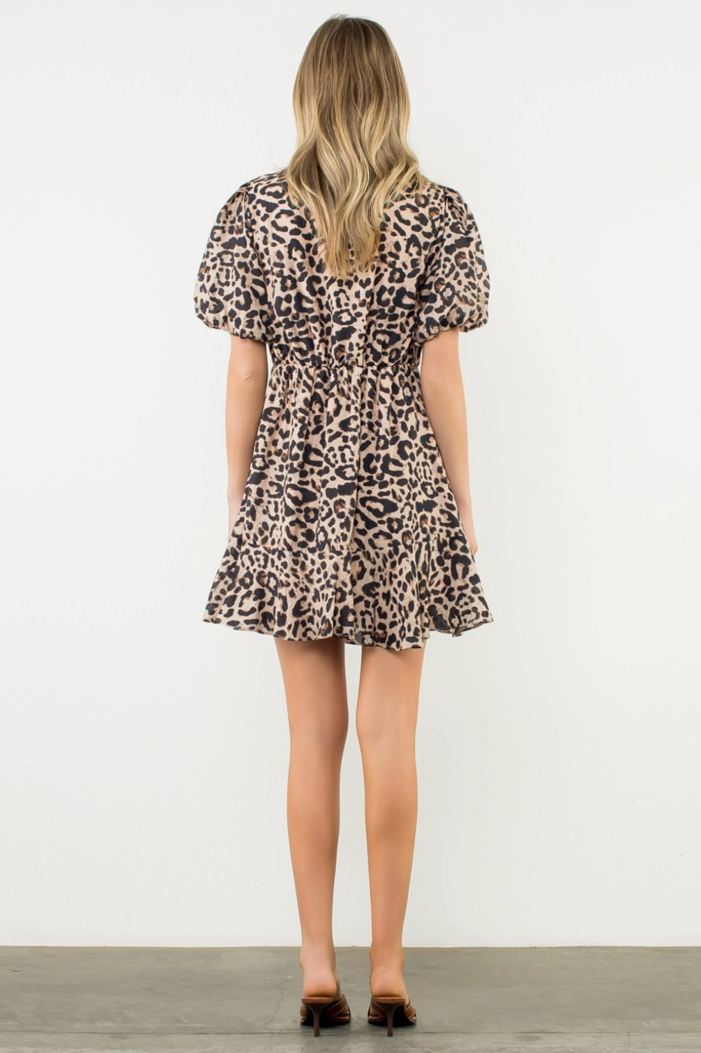 Puff Sleeve Cheetah Print Dress - beige
