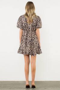 Puff Sleeve Cheetah Print Dress - beige
