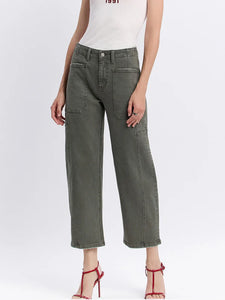 Super High Rise Elastic Waistband Barrel Jeans (F5831DPF) - deep forest