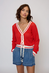 Junie varsity mesh stitch cardigan - red
