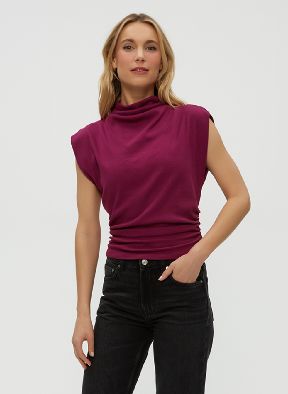 Amara ribbed power shoulder top - ruby