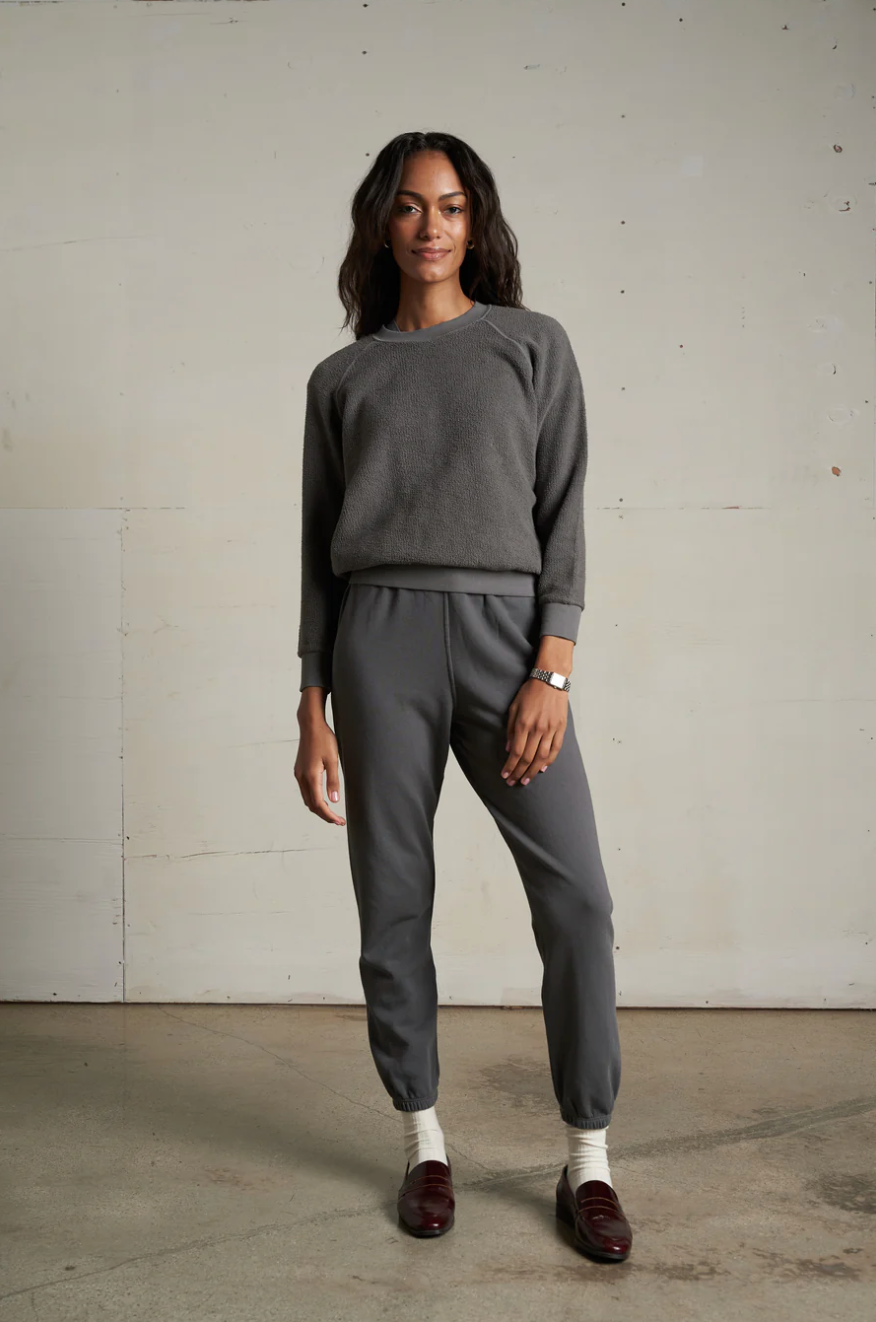 Ziggy inside out cotton fleece shrunken crew - charcoal