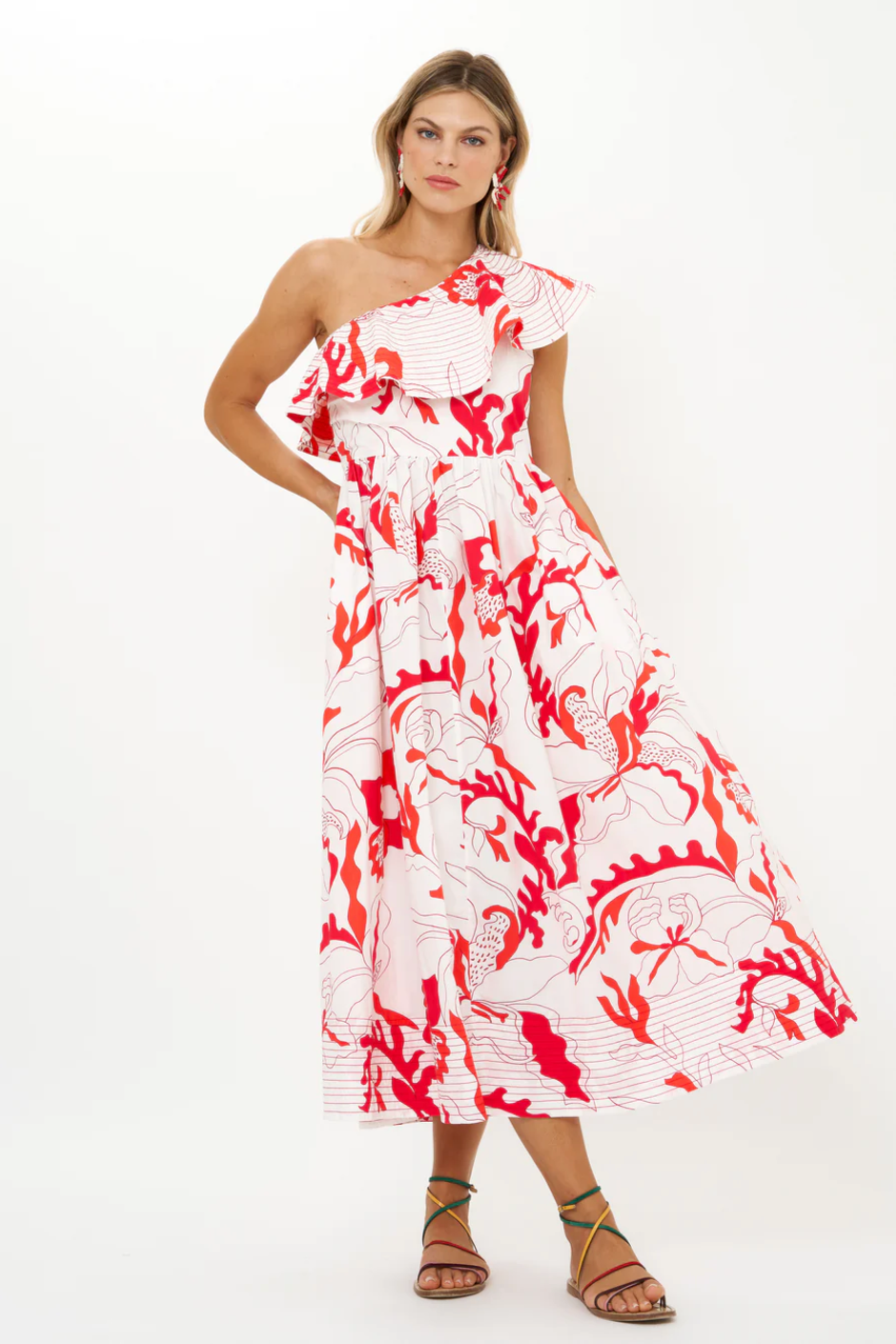 One shoulder ruffle maxi - orchid red