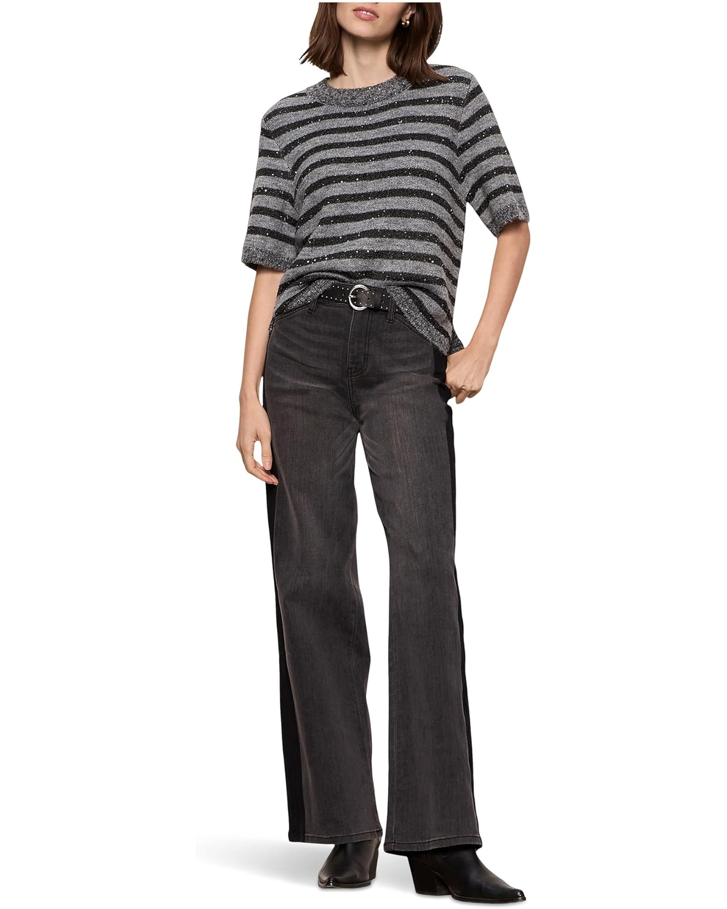 Short-sleeved shine sweater tee - grey with black