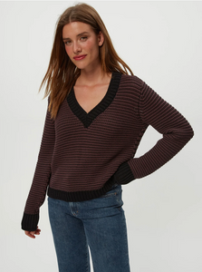 Linda striped v-neck pullover sweater - java / black