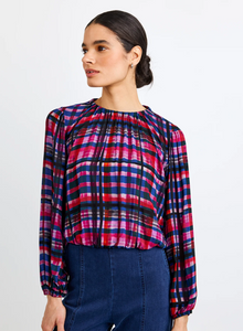 Elastic shirred top - winter plaid print