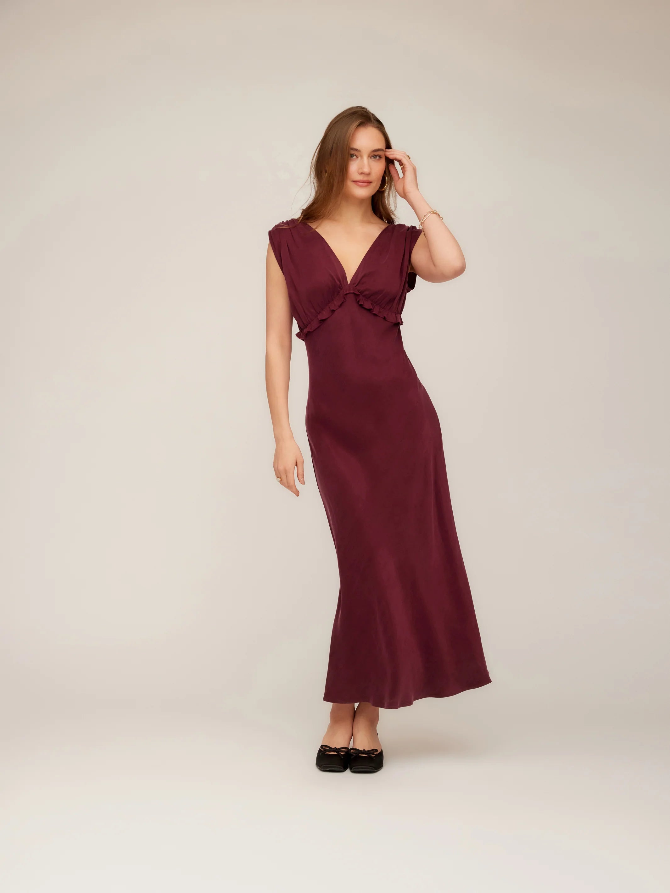 Cierra Ruffle Midi Dress - wine