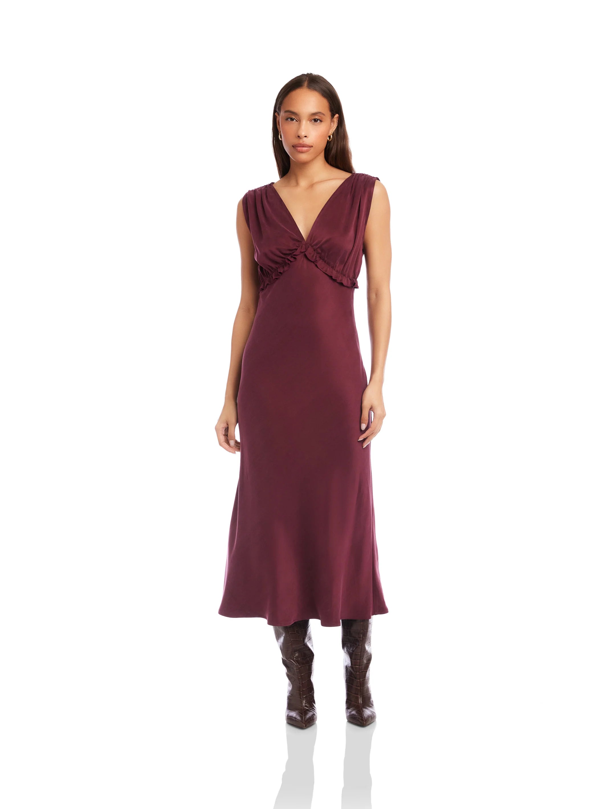 Cierra Ruffle Midi Dress - wine