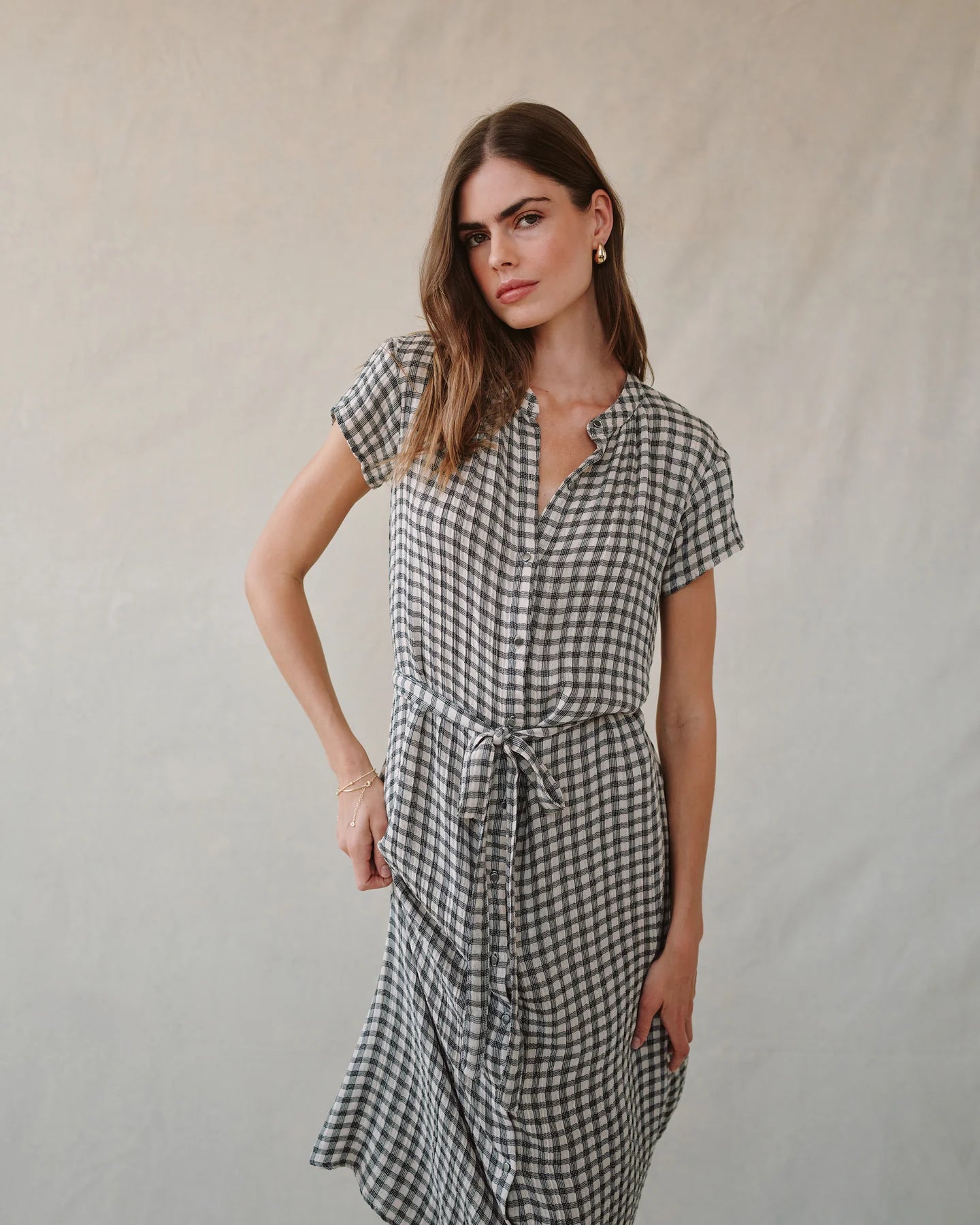 Cap sleeve shirt dress - ivory check plaid