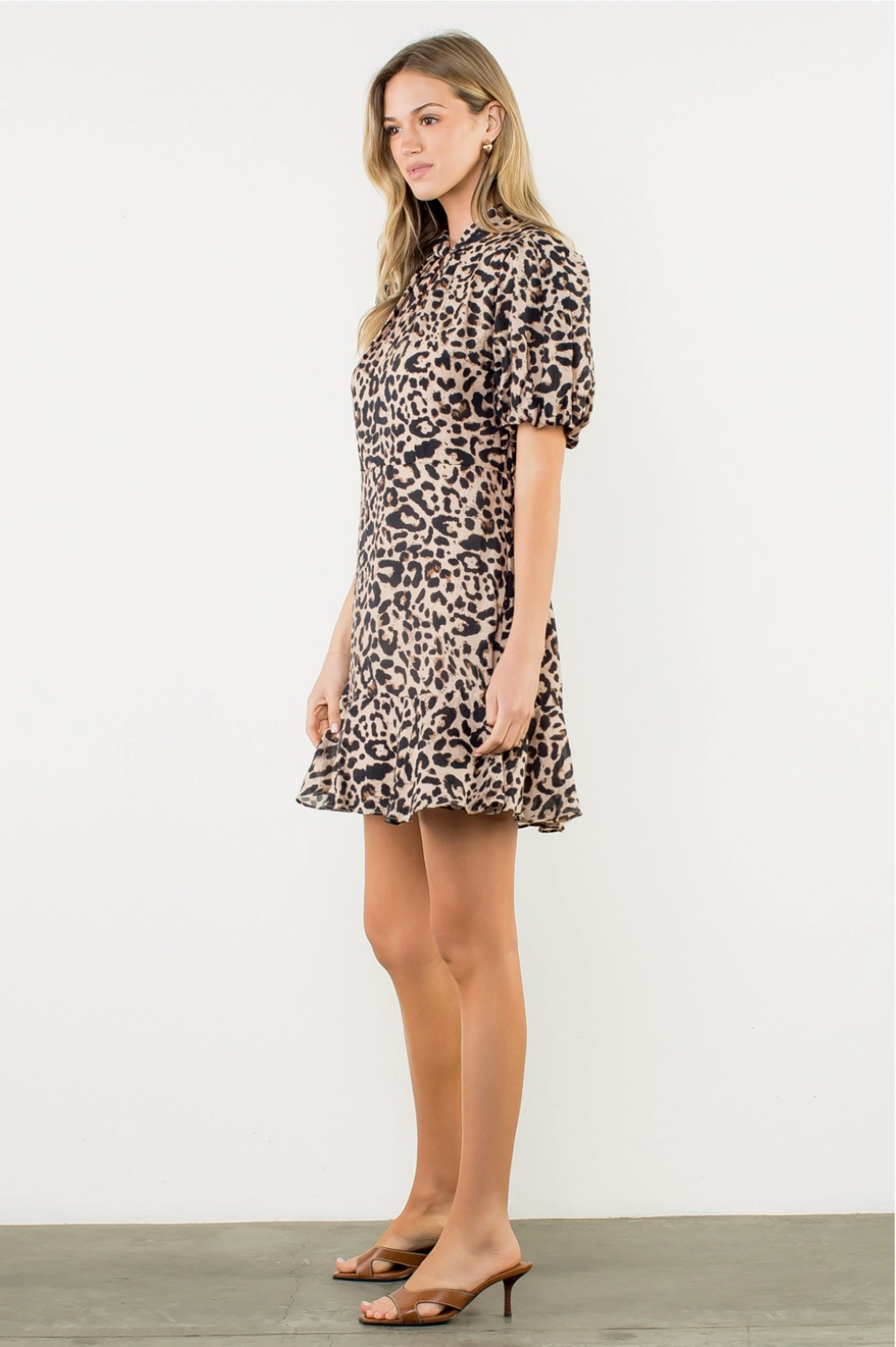 Puff Sleeve Cheetah Print Dress - beige