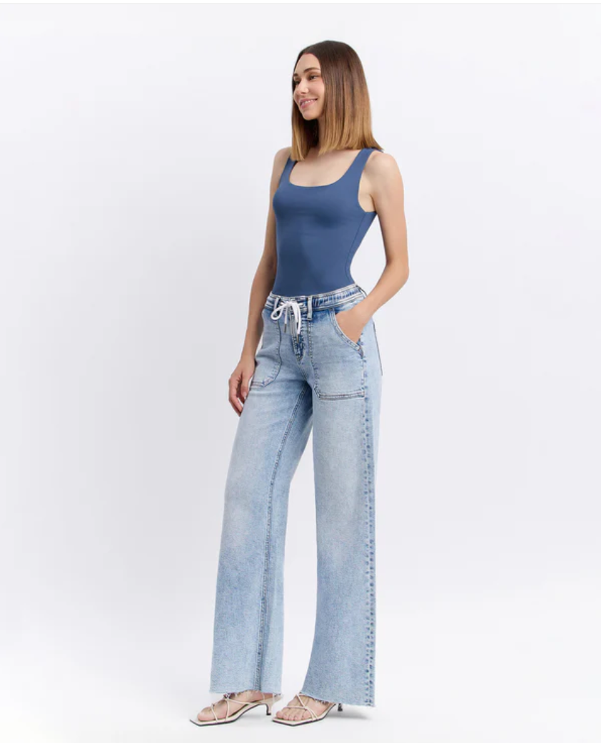 F6065 - Drawstring Wide Leg Jeans - clearly