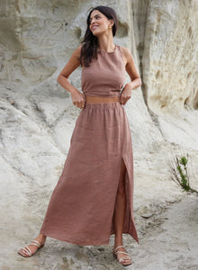 High waist maxi skirt with slit - terracotta brown