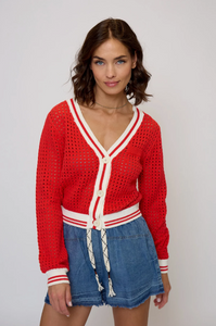 Junie varsity mesh stitch cardigan - red