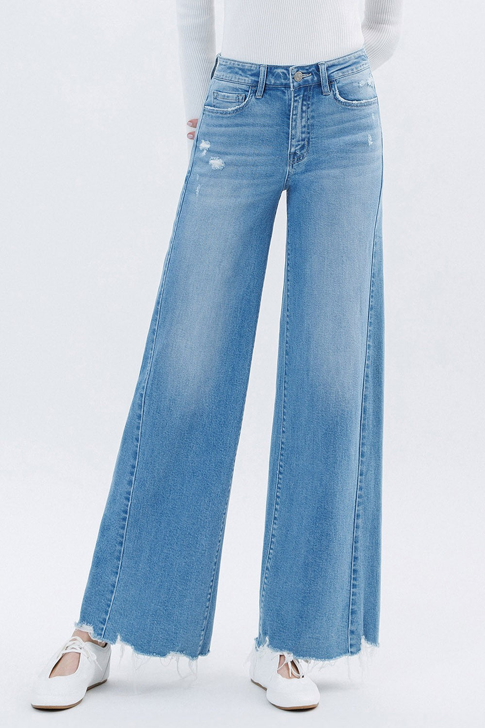 T6648 - High Rise Raw Hem Extreme Wide Jeans - well run