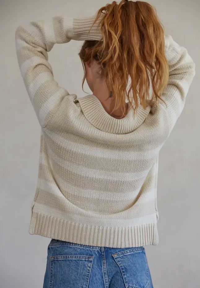 Striped knit v-neck collared sweater (W1306) - sand cream