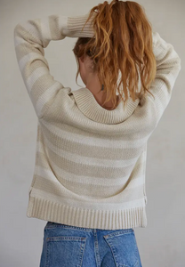 Striped knit v-neck collared sweater (W1306) - sand cream