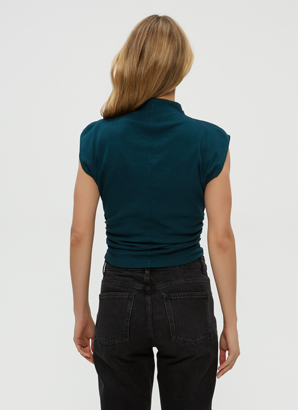 Amara ribbed power shoulder top - rainforest